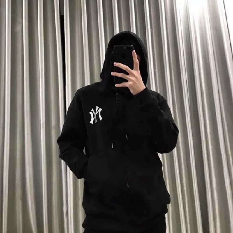 Áo khoác nỉ bomber Unisex form rộng có khoá kéo, nón rộng in chữ NY dành cho nam và nữ MNY- AN STORE