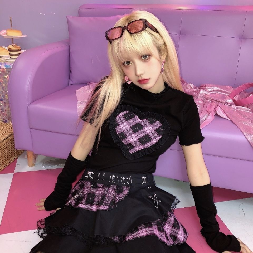 Áo Thun Cotton Tay Ngắn Dáng Ôm Phối Ren Họa Tiết Sọc Hồng Y2K Y2K Phong Cách Punk Cho Nữ