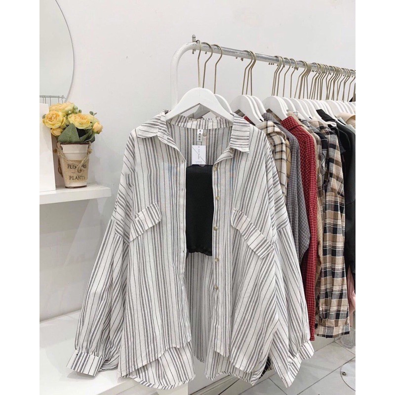 Sơ mi kẻ tay bo freesize - Kèm ảnh thật chụp