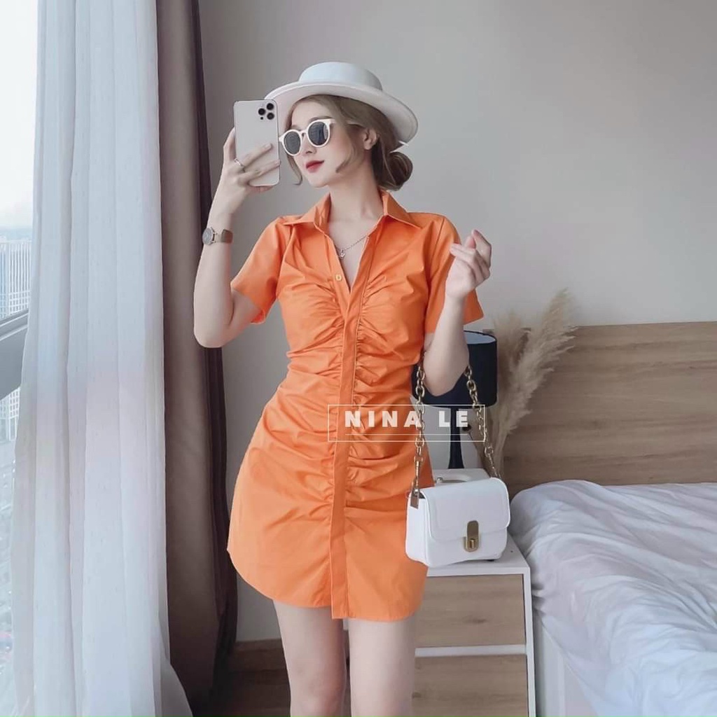 Đầm cổ sơ mi nhún eo cài nút thật siêu hot chanh xả