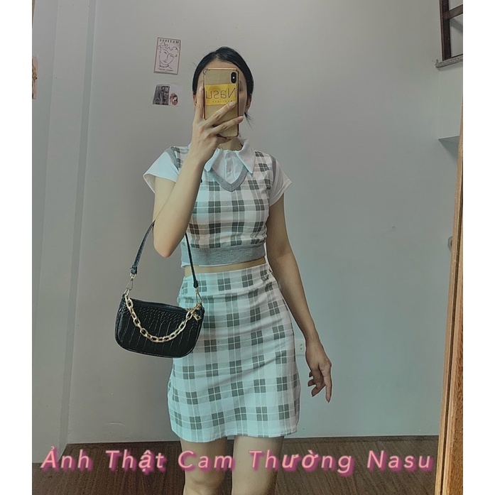 Set 3 Món Kẻ Caro Gấu Hàn Quốc 🦋 Áo polo croptop + áo gile + chân váy ngắn chữ a 🦋 | BigBuy360 - bigbuy360.vn