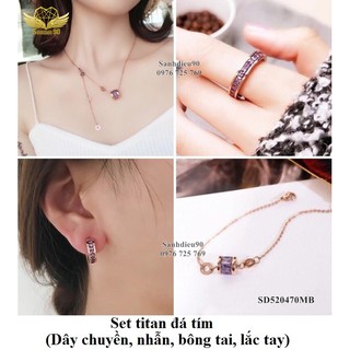 Trang sức titan nữ bộ 4 món ( Dc + BT + Nhẫn + Lắc Tay mặt đá tím )