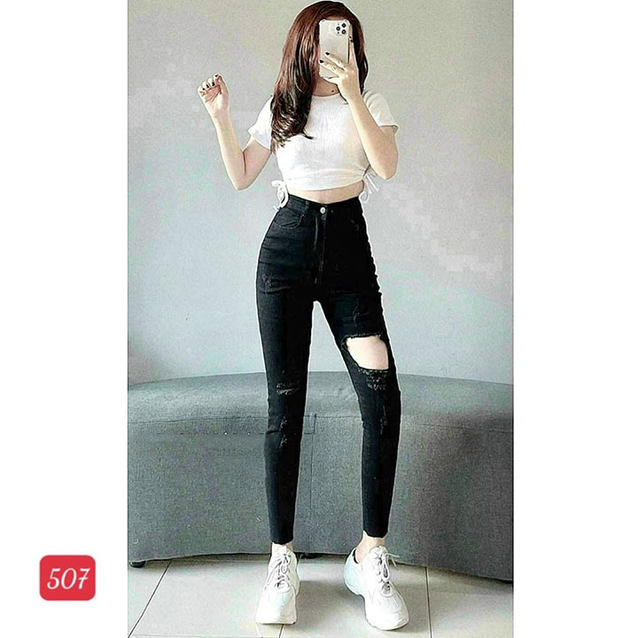 Quần jean nữ lưng cao siêu hách dáng chất jean cotton cao cấp co giãn tốt ms640