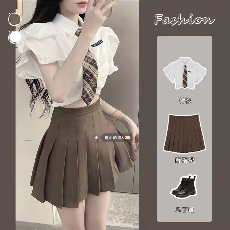 Set Áo Sơ Mi Kiểu Ngắn Phong Cách Học Sinh Mix Chân Váy Xếp Ly Dành Cho Nữ Sinh