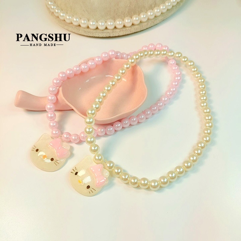 Mới Set 3 Vòng cổ Mặt Hello Kitty Đính Ngọc Trai Cho Bé Gái