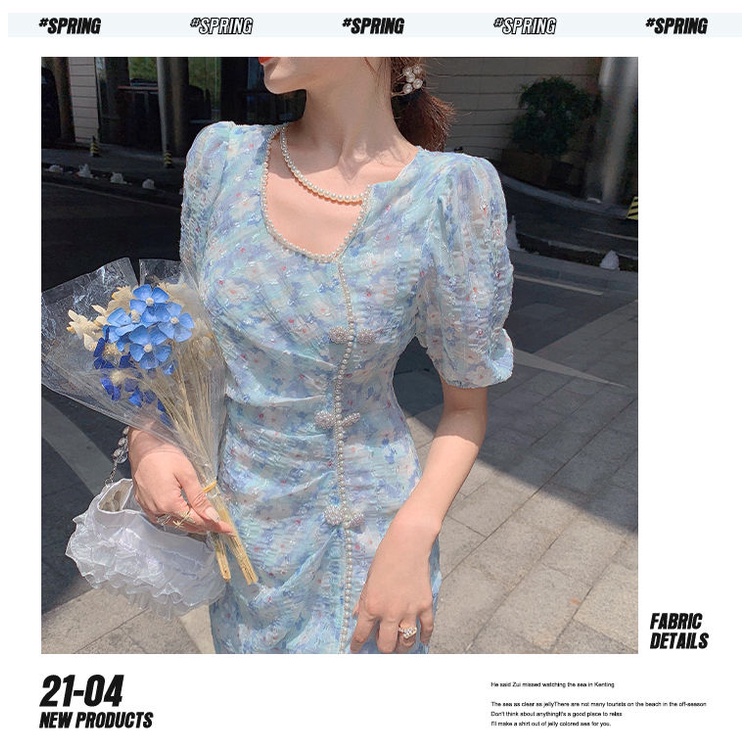 Đầm Tay Ngắn Màu Xanh Dương In Hoa Thời Trang Mùa Hè Phong Cách Pháp Hiện Đại Mới Cho Nữ | BigBuy360 - bigbuy360.vn