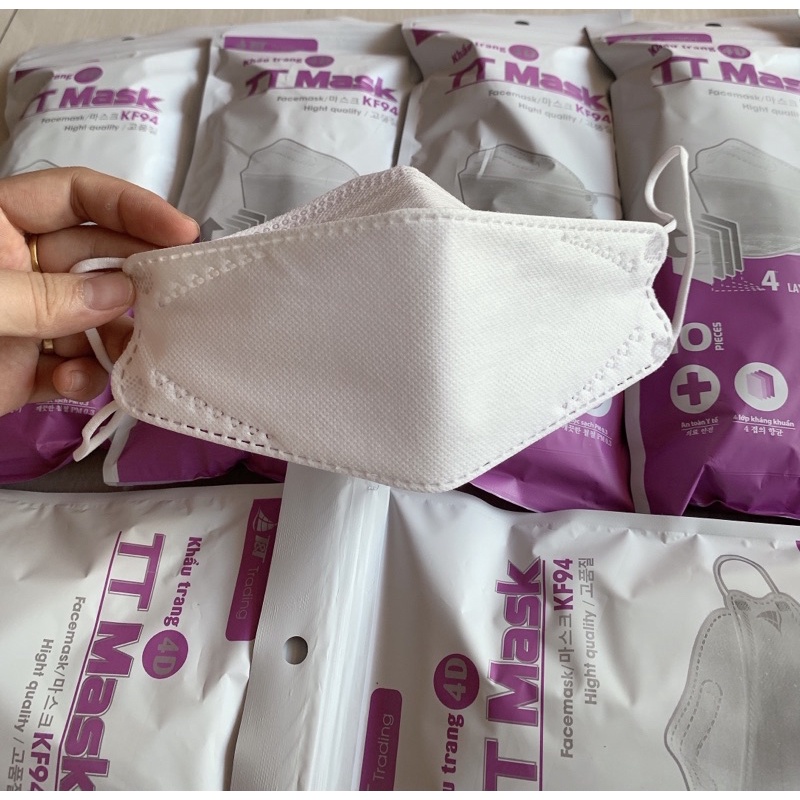 (túi 10c) khẩu trang y tế 4D mask kf94, 4 lớp kháng khuẩn, thoáng khí, lọc sạch PM 0,3. Có 3 màu: trắng, xanh, xám.