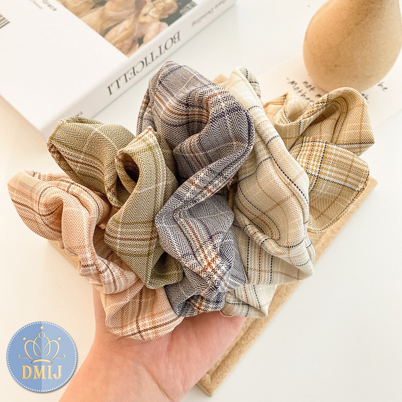 Cột Tóc Vải Scrunchies Họa Tiết Caro Vintage Hàn Quốc, Dây Buộc Tóc Scrunchies Cứng