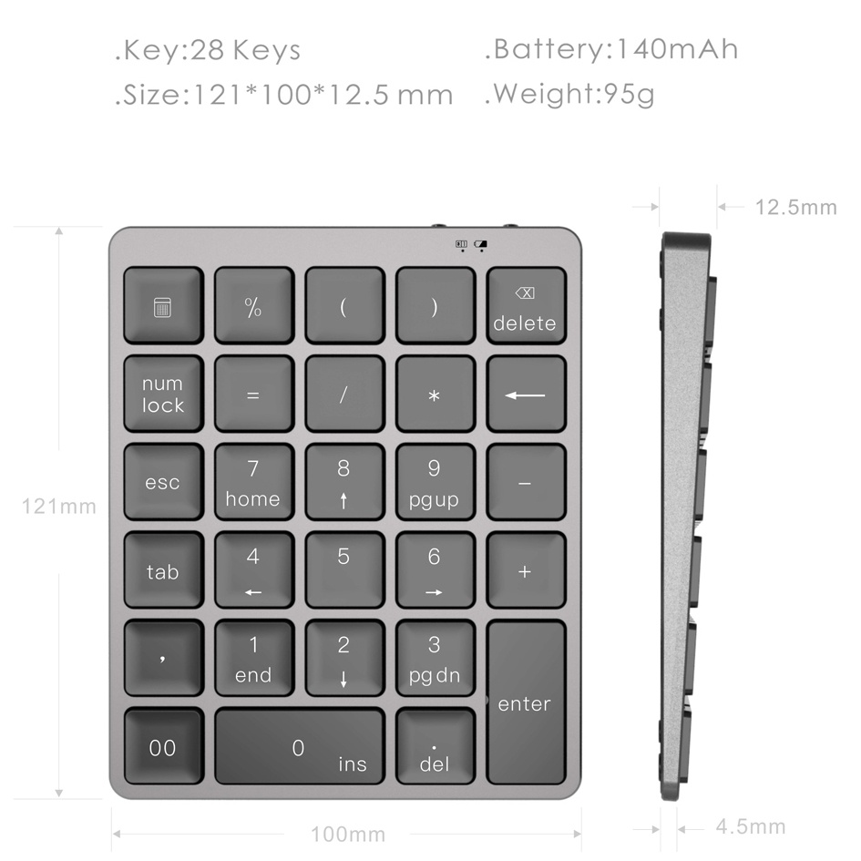 Bàn Phím Số 28 Phím Bluetooth Không Dây Bằng Hợp Kim Nhôm Kèm Cổng USB Và Phụ Kiện