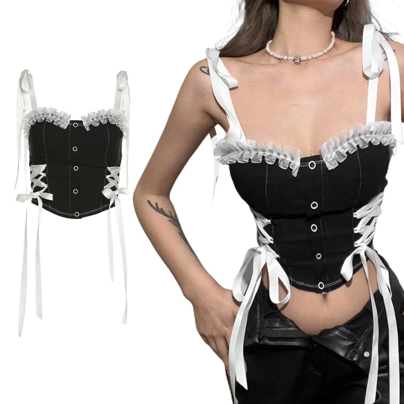 Áo Croptop Hai Dây Cổ Vuông Phối Ren Bèo Ngọt Ngào Cho Nữ