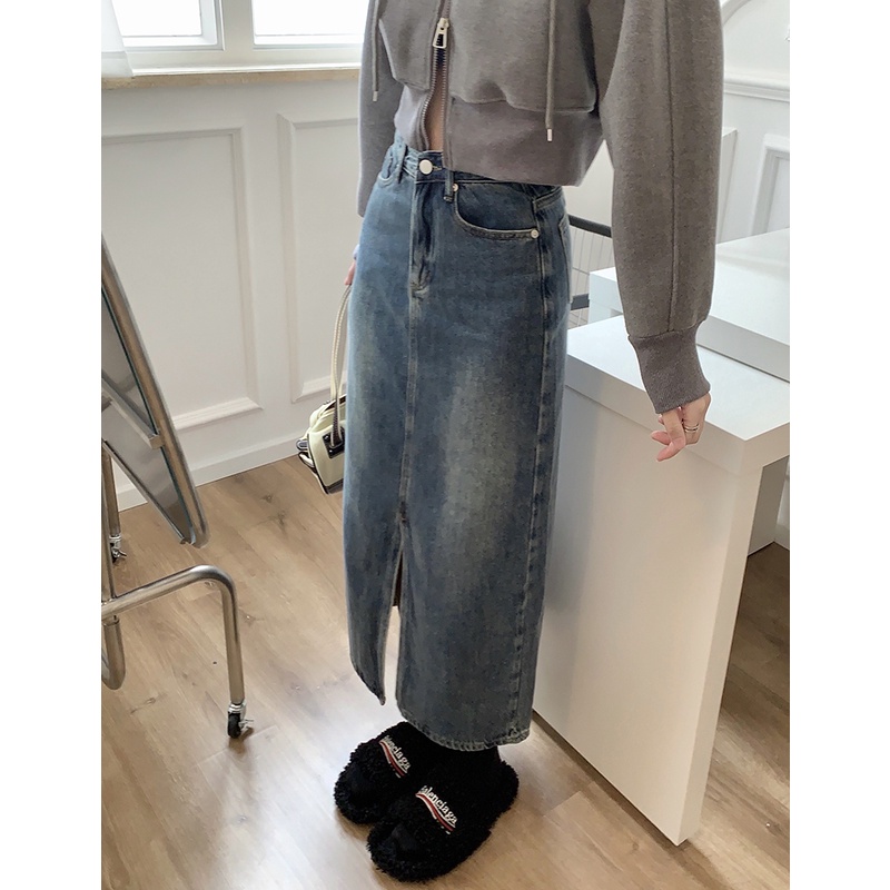 Chân Váy Denim Xẻ Tà Phong Cách Retro Thời Trang Mùa Hè 50408