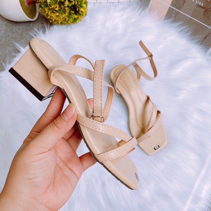 [Video ảnh thật] DÉP SANDAL NỮ QUAI MẢNH CHÉO GÓT VUÔNG 4p DA LÌ MỀM MỊN