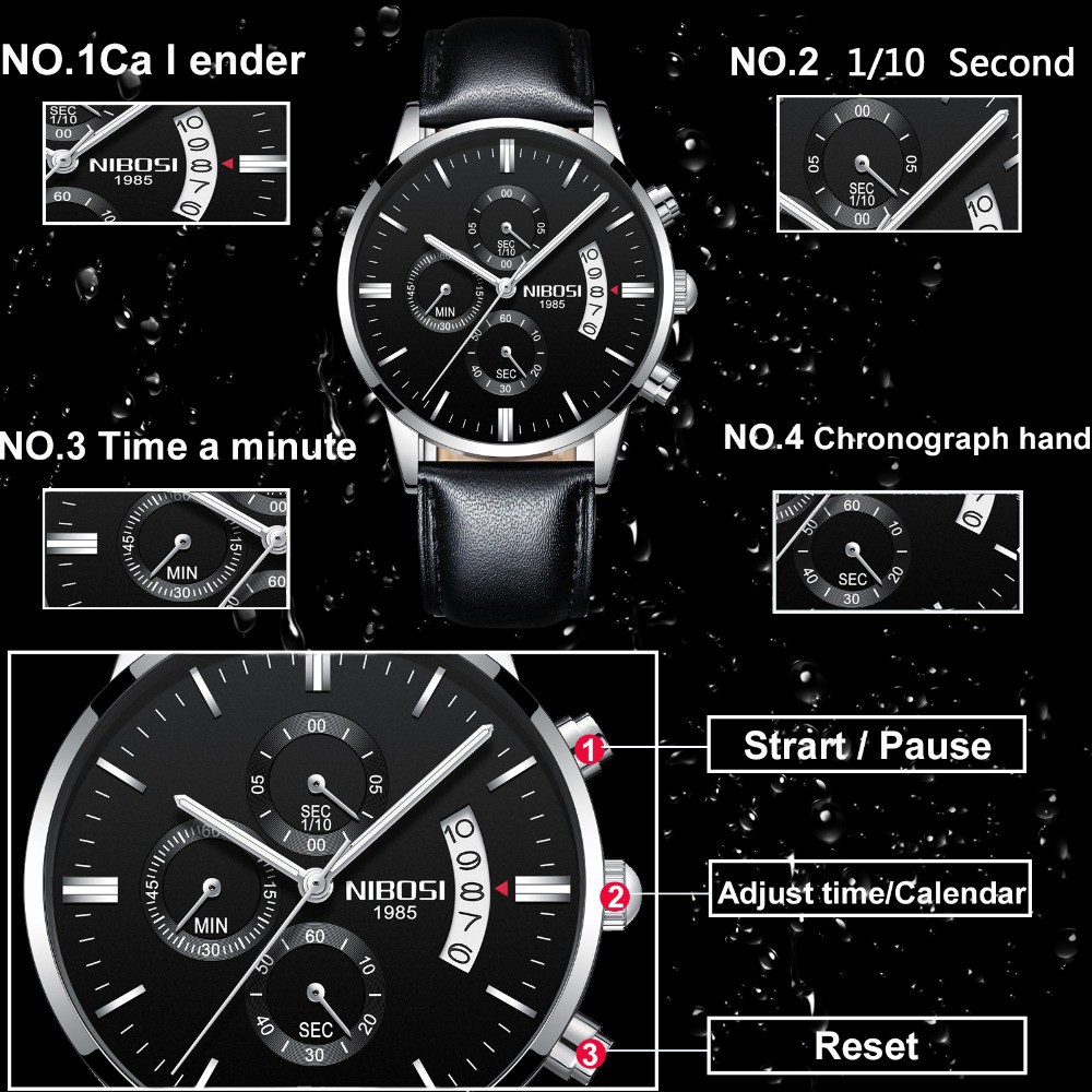 Đồng hồ nam NIBOSI Dây Da - 2309 BLACK WHITE BLACK - Đồng hồ NIBOSI CHÍNH HÃNG