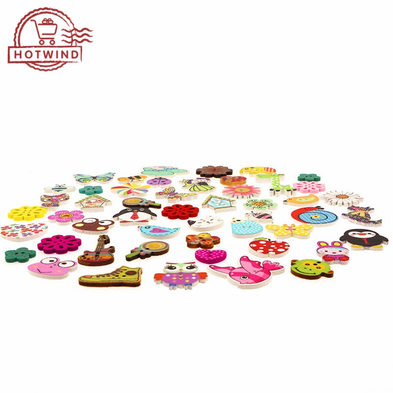 Set 50 nút gỗ 2 lỗ hình động vật hoạt hình dễ thương dùng làm đồ thủ công