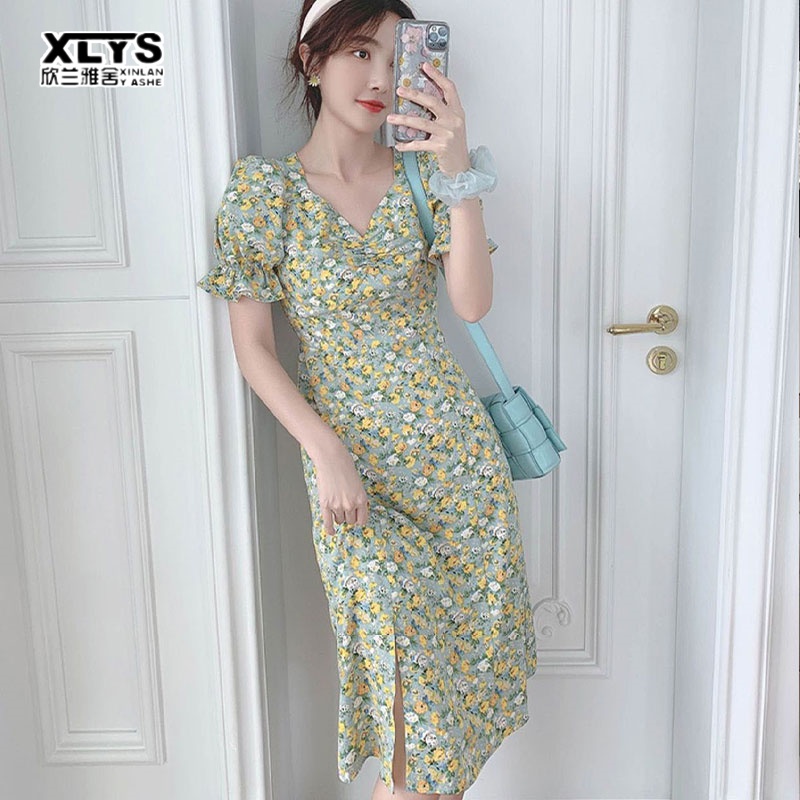 Đầm hoa XINLANYASHE dáng ôm phong cách Hàn Quốc thời trang cho nữ