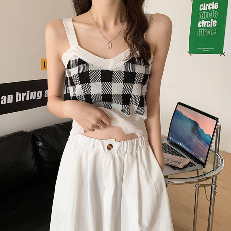 Áo Lửng Nữ Không Tay Cổ Chữ V Hở Lưng Họa Tiết Caro Màu Sắc Tương Phản Gợi Cảm