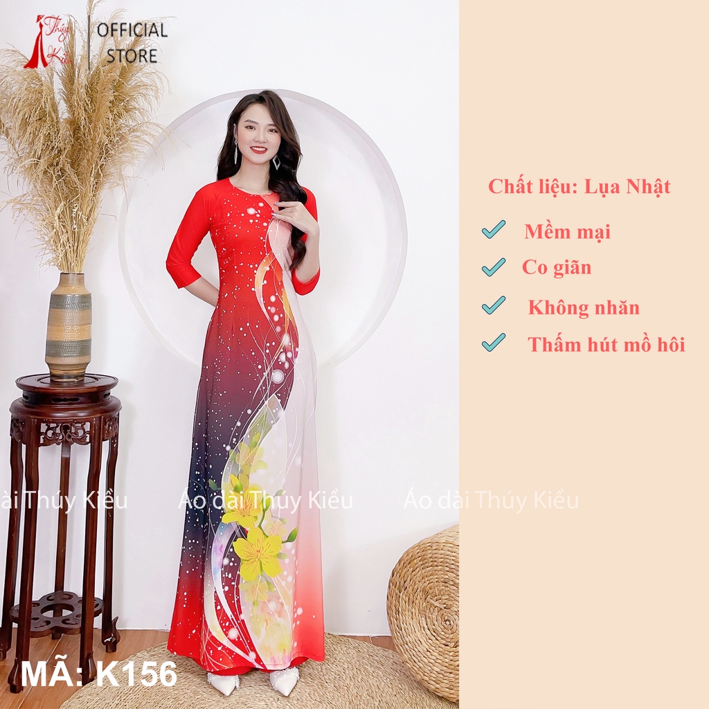 Áo dài đẹp truyền thống tết nữ may sẵn thiết kế cách tân nền đỏ cam K156 mềm mại, co giãn, áo dài giá rẻ