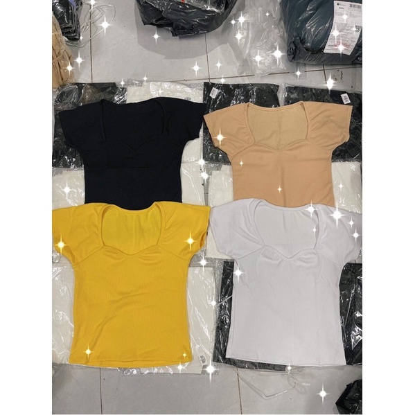 áo thun gân len dệt kim cổ vuông lượn sóng ( ảnh thật)