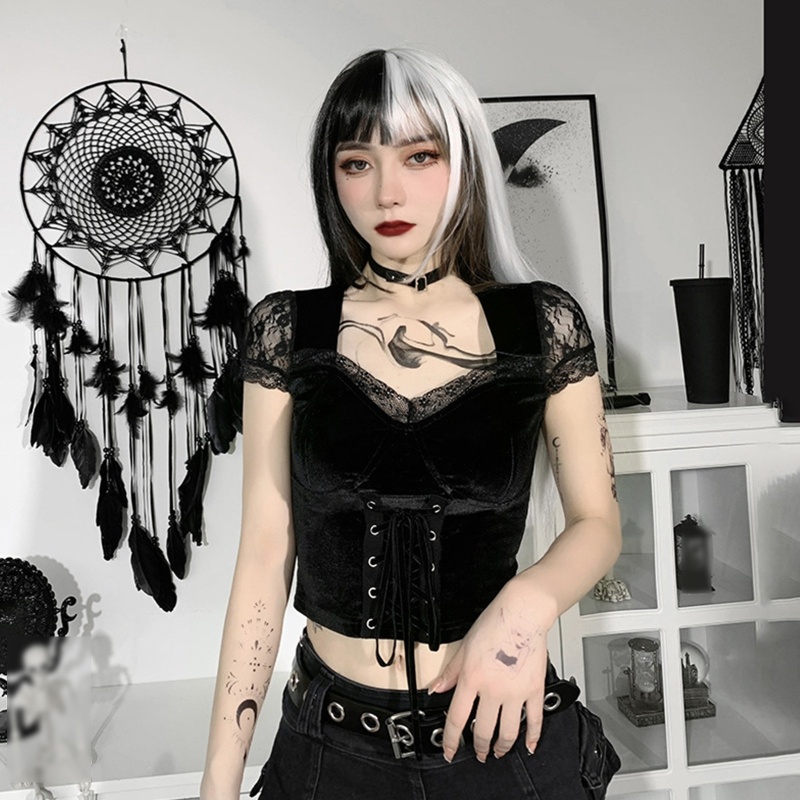 Áo Croptop Nhung Tay Ngắn Cổ Vuông Cột Dây Phong Cách Gothic Harajuku Vintage Gợi Cảm Cho Nữ
