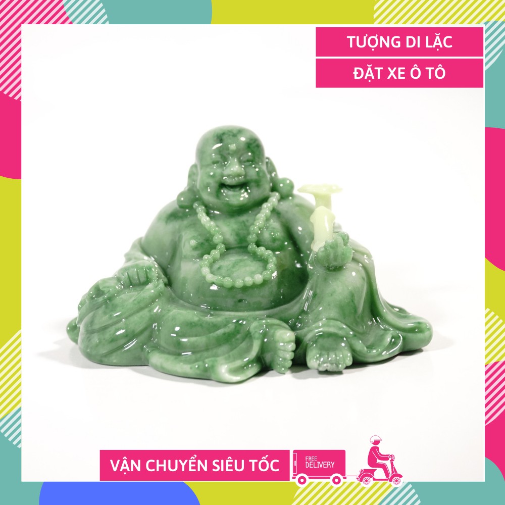 Tượng Phật Di Lặc ngồi đặt xe ô tô ngọc xanh cầm gậy như ý - Cao 6cm rộng 11cm