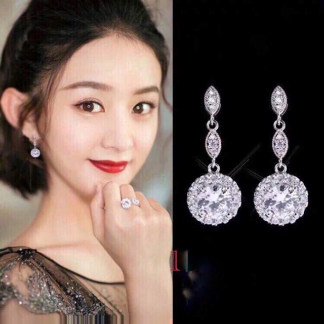 Khuyên tai treo đá nhân tạo viền tròn bạc thật xi kim