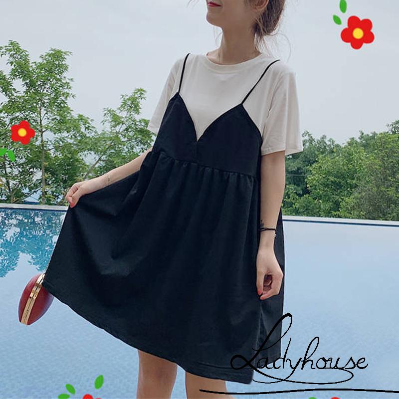 Đầm Ngắn Tay Giả Hai Mảnh Dáng Suông Cổ Tròn Thời Trang Mùa Hè Cho Nữ