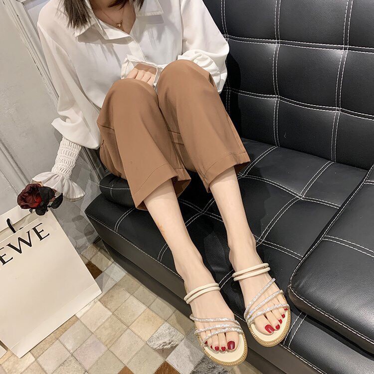 Dép Sandal nữ đế bằng quai chéo đính đá siêu xinh đi được 2 kiểu-SB13