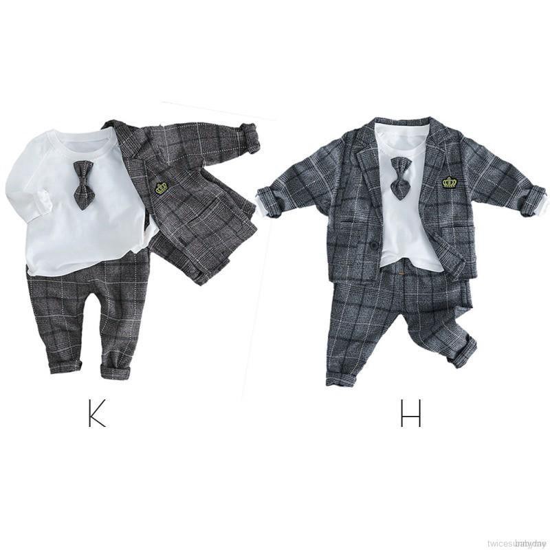 Bộ áo thun + áo khoác cotton sọc caro + quần dài cho bé trai