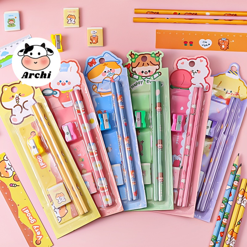 Bộ dụng cụ học tập 5 món gồm bút chì + tẩy + thước kẻ + gọt bút chì cho học sinh dễ thương