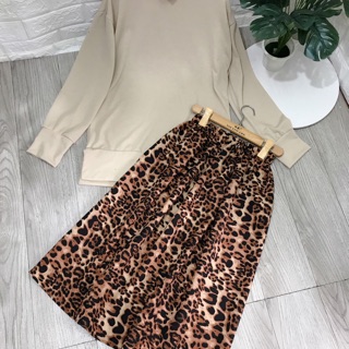 Set Áo len Chan váy da beo (ảnh thật)