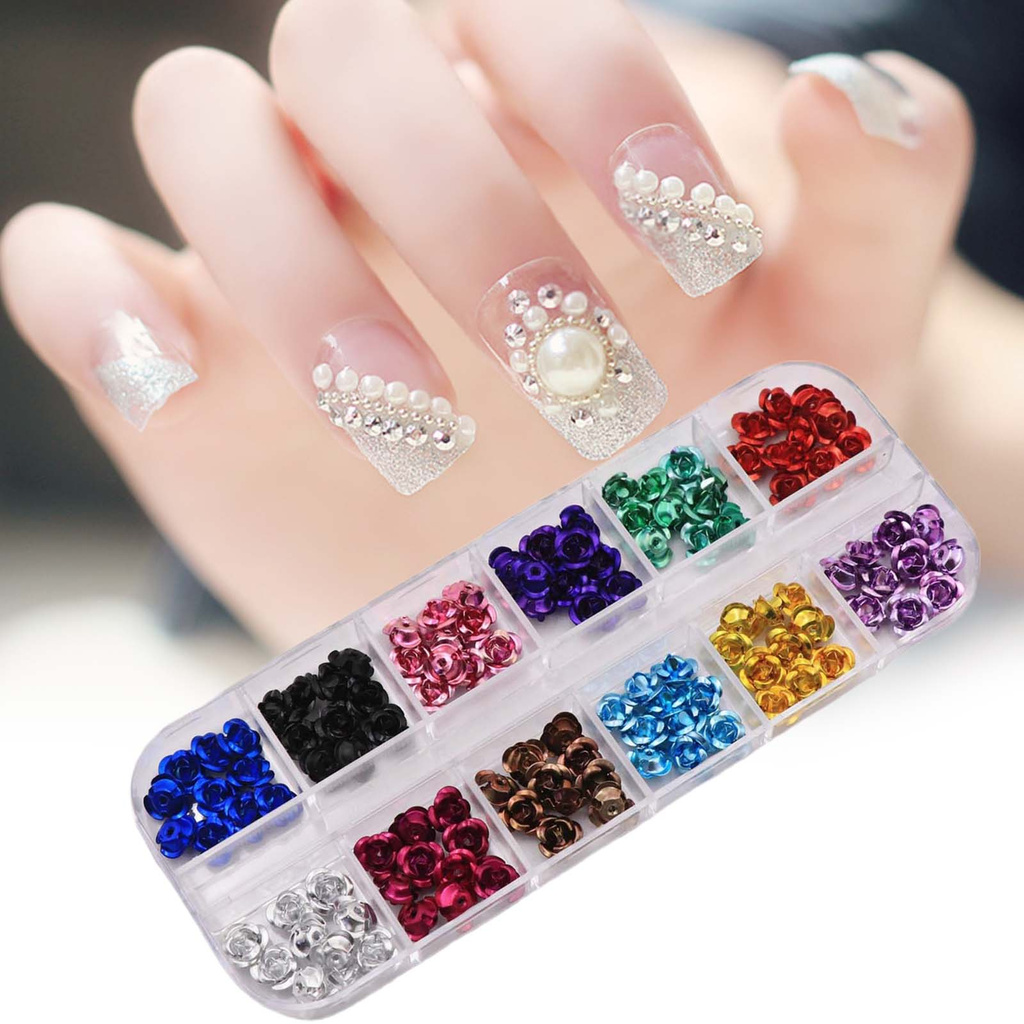 [Hàng mới về] Hộp Phụ Kiện Hạt Trang Trí Móng Tay Họa Tiết Hoa 3D Bằng Kim Loại