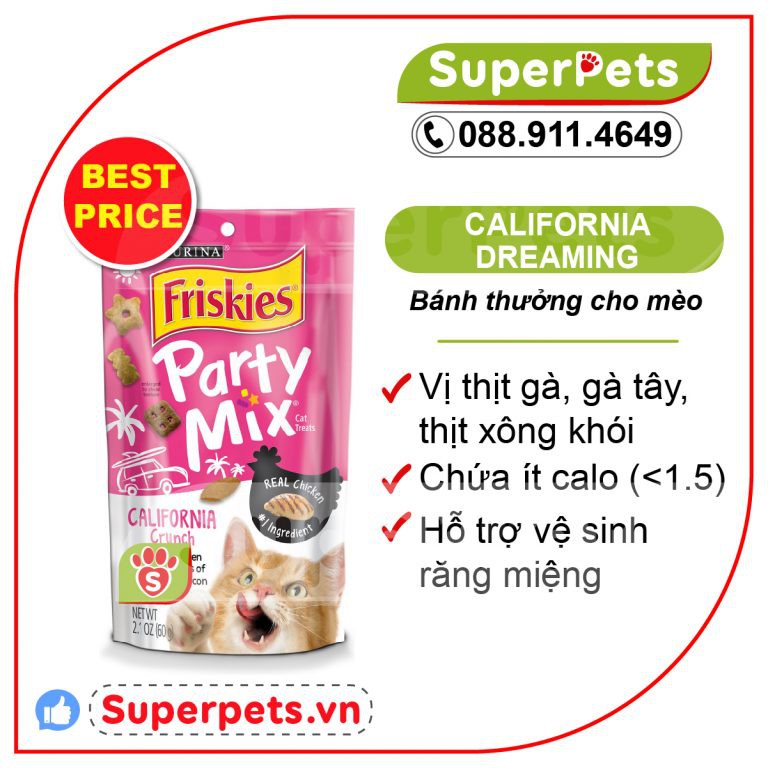 Purina Friskies Party Mix Vị Gà, Bánh Quế - Bánh Thưởng Cho Mèo Trưởng Thành 60g/gói (USA)
