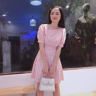 Đầm váy caro hồng cổ vuông v2 (kèm hình thật)