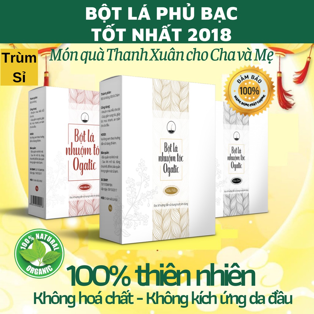 Nhuộm Tóc Thảo Dược Ogatic - Bột lá Nhuộm phủ bạc tóc màu Nâu Đen, Đen tự nhiên, nâu đỏ - 50Gr