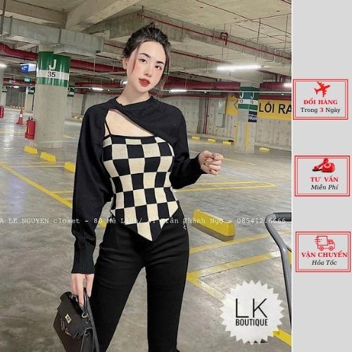 Áo len nữ lệch vai caro ulzzang Hàn Quốc thu đông yolo fashion