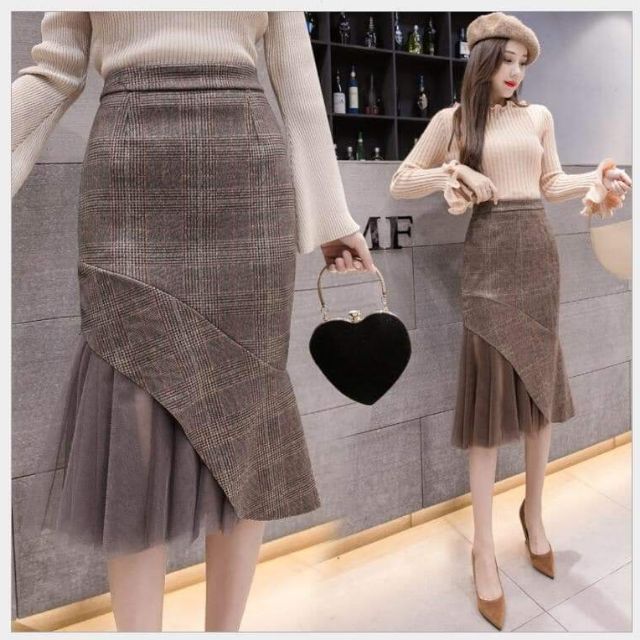 Chân váy dạ phối ren