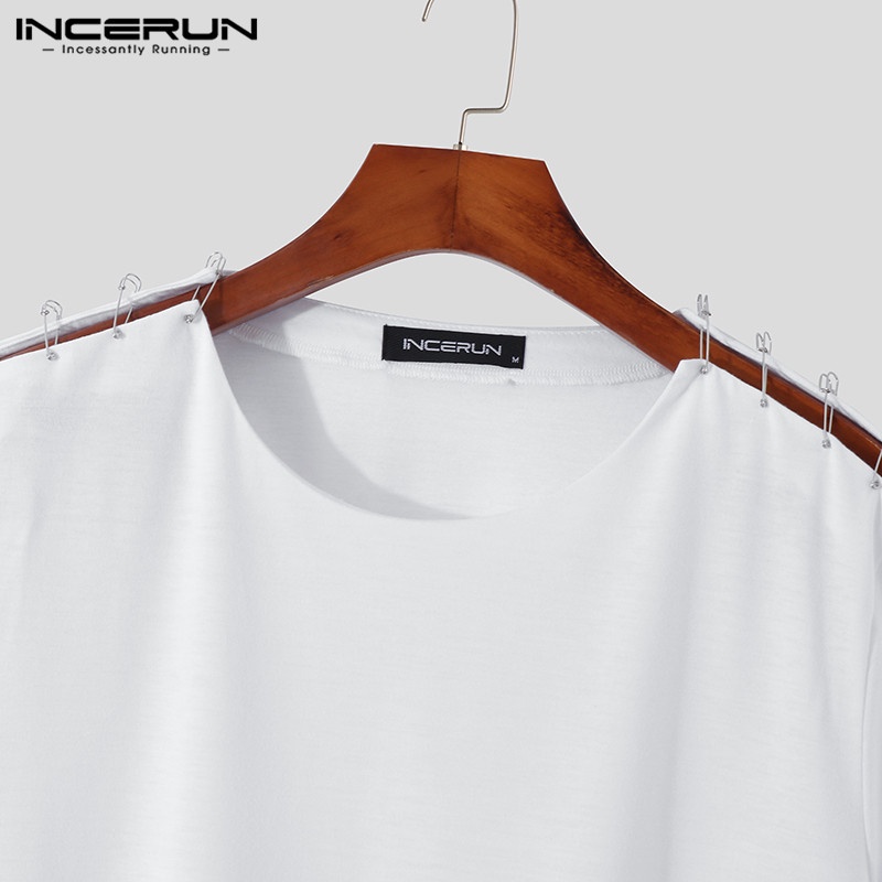 INCERUN Áo Thun Tay Ngắn Màu Trắng Thiết Kế Xẻ Tà Thời Trang Cho Nam