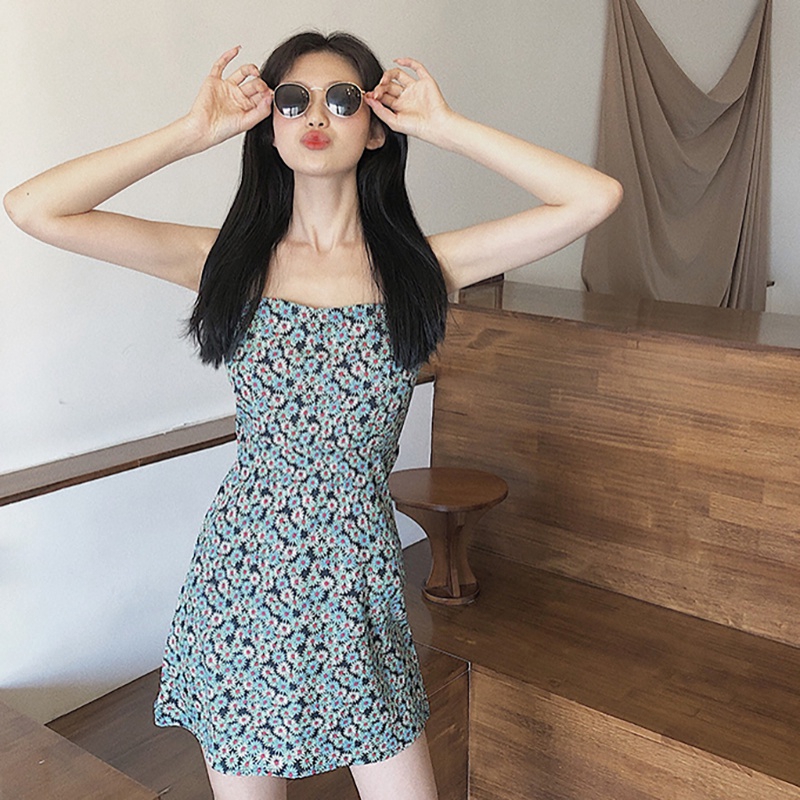 Korean Fashion Wild Strap Dress Slim Slim Floral Dress