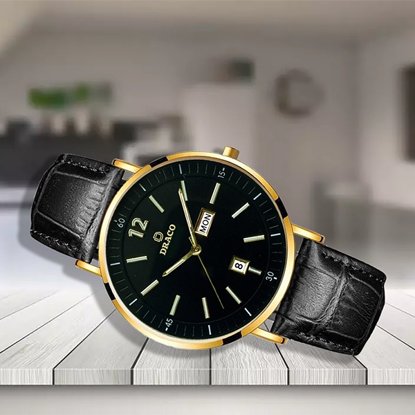 Đồng hồ nam Draco D21-St01 &quot;The First Boy&quot; VÀNG ĐEN DÂY DA ĐEN