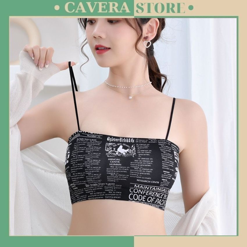 Áo bra nữ 2 dây chất su mặc cực mát và thoải mái, áo ngực đệm mút mỏng họa tiết báo chí đẹp phong cách cá tính - B835