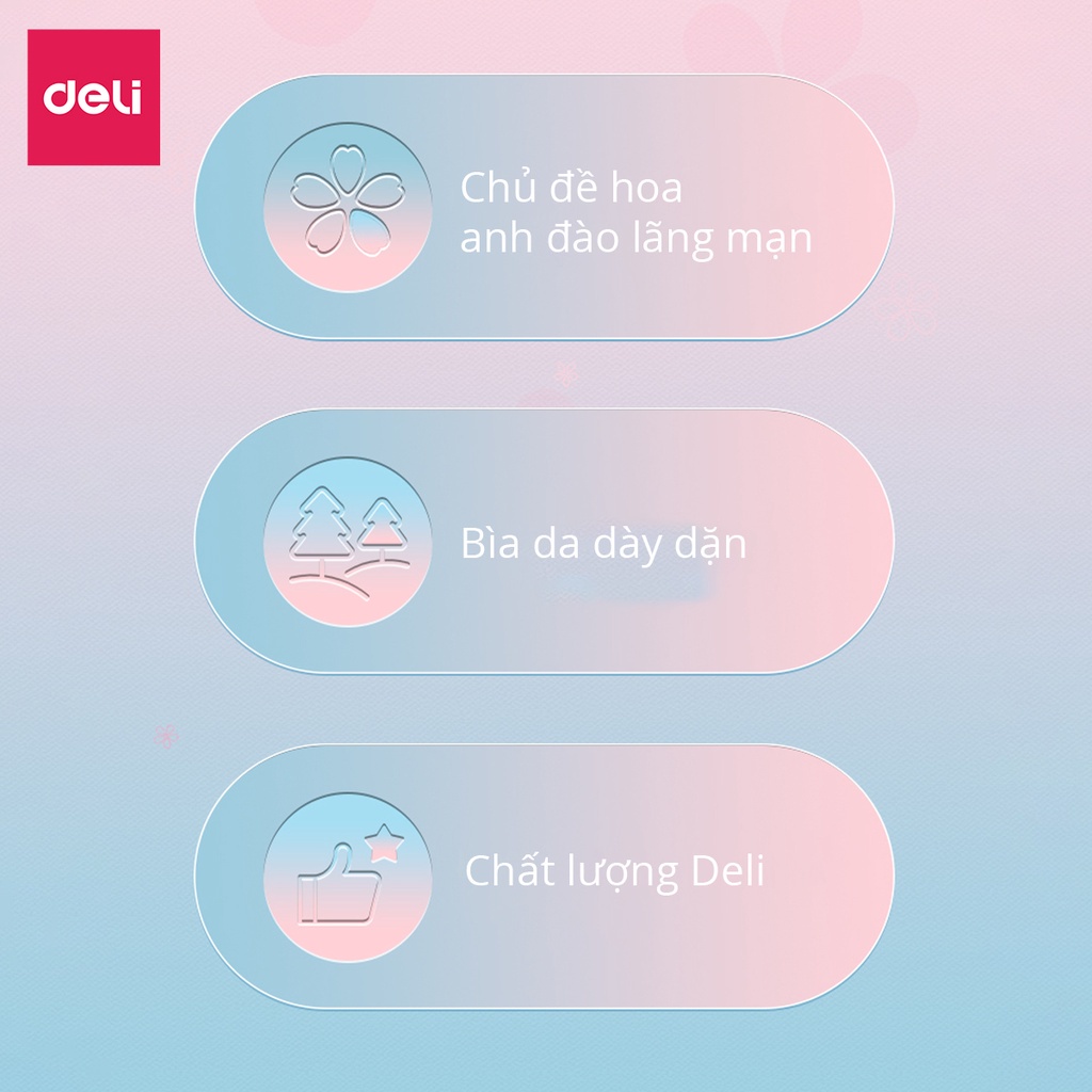 Sổ tay ghi chép Deli bìa da khâu gáy khổ 16K/32K 192 trang Hình hoa anh đào Sakura nhiều màu giấy kẻ ngang chống lóa mắt