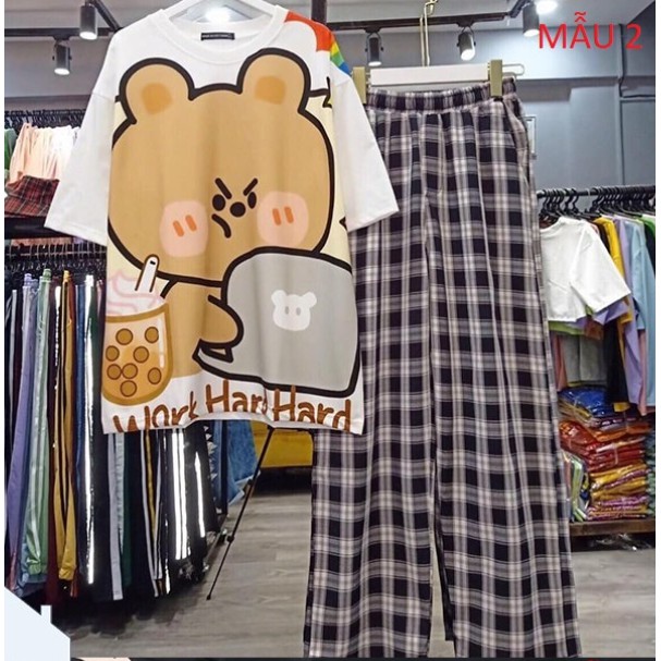 [SET60904] Sét Bộ Áo In Hình Cute Và Quần Kẻ Đẹp Mặc Mùa Hè, Mặc Ở Nhà, Áo Phông Cotton Mát Mịn Phong Cách Hàn Quốc | BigBuy360 - bigbuy360.vn