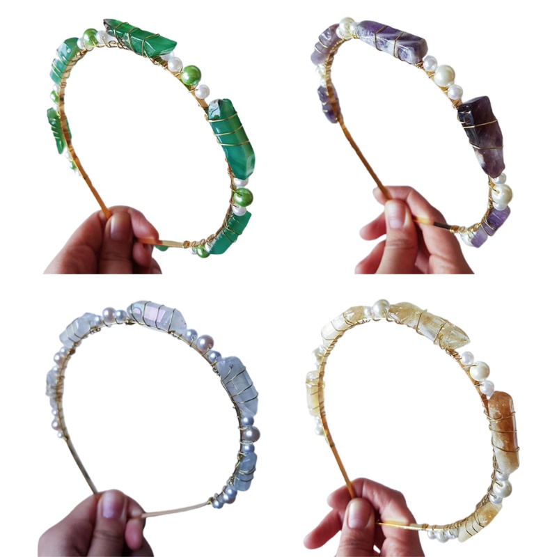 Băng Đô Cài Tóc Hình Vương Miện Đính Đá Thạch Anh Tự Nhiên Phong Cách Bohemian