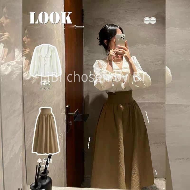 Set sơ mi lụa + chân váy maxi