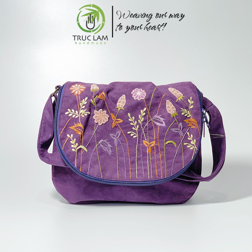 Túi Đeo Chéo Thời Trang Nữ Vải Da Lộn Thêu Tay Họa Tiết Cành Hoa (B) - Trúc Lâm Handmade