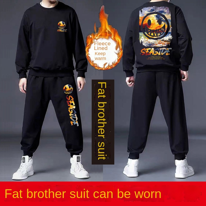 Bộ Đồ Thể Thao Plus Áo Cổ Tròn Cỡ Lớn Lót Nhung Thời Trang Thu Đông Cho Nam