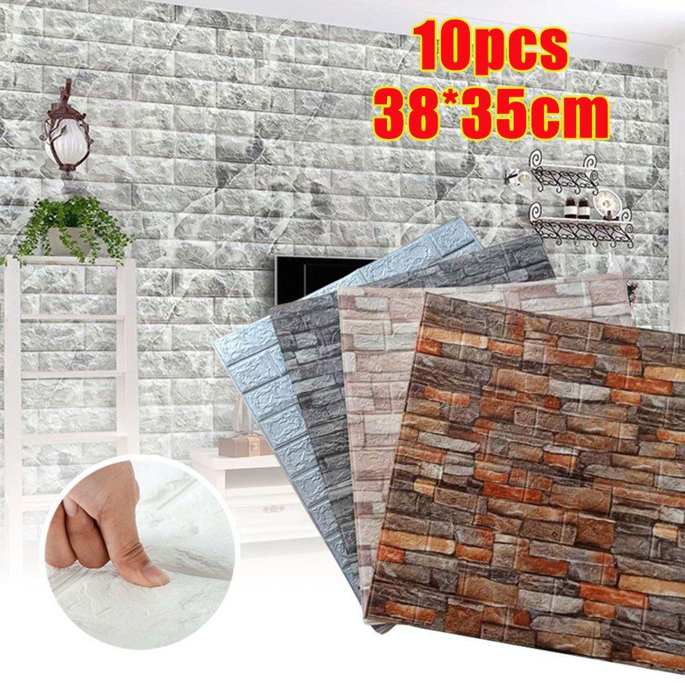 Bộ 10 Miếng Dán Tường Bằng Xốp 3D Ba Chiều Chống Va Chạm Chống Nước Kích Thước 38 * 35cm