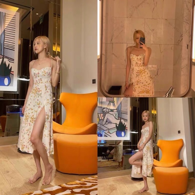 [BLACKPINK Rosé] Váy hoa hai dây cúp ngực xẻ đùi