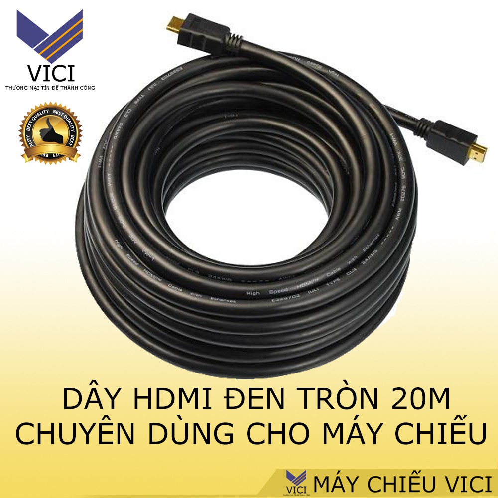 Dây HDMI 20m kết nối máy chiếu. Dây màu đen tròn, cho tín hiệu chính xác và sắc nét.