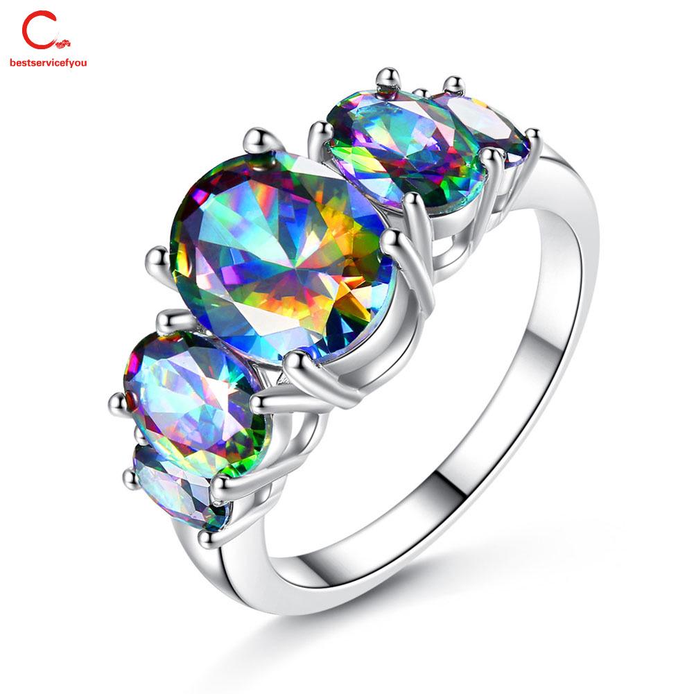 Nhẫn thời trang đính đá zircon màu cầu vồng cho nữ
